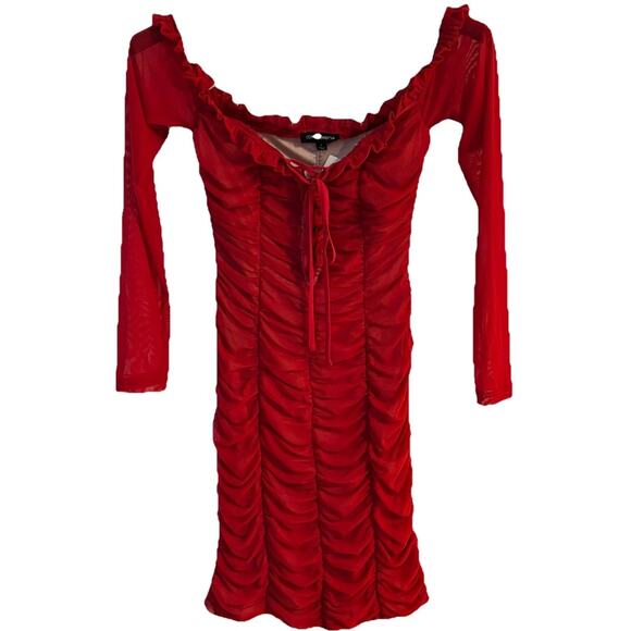 Cotton Candy Ruched Mesh Off Shoulder Corset Lace-Up Long Sleeve Dress Red Small - Picture 1 of 6
